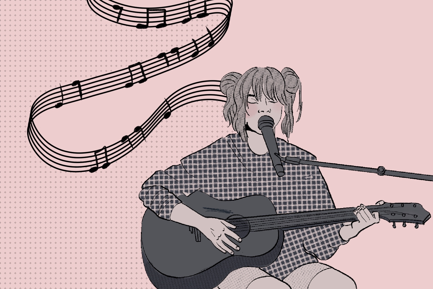 A drawing of Eilish's guitar songs shows the singer with a guitar and music notes in the backround.