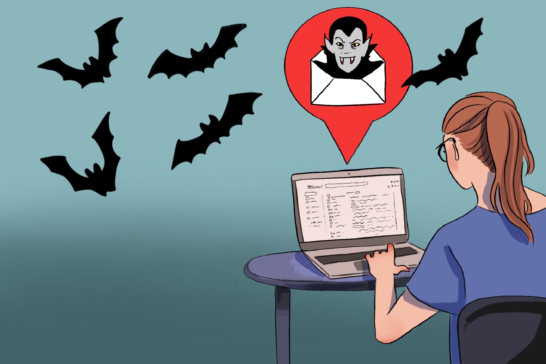 A drawing shows dracula popping out of a girl's computer while bats fly in the background.
