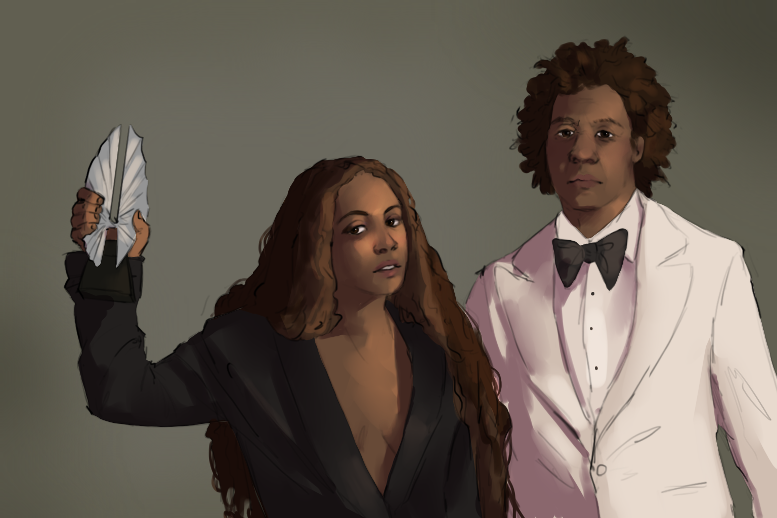 An illustration of pop and R&B singers Jay-Z and Beyoncé.