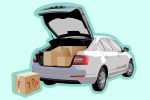 in article about stuff to bring to college, a car overflowing with boxes