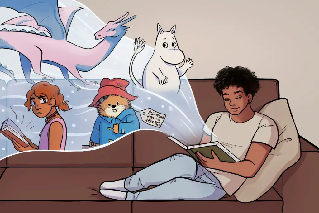 Children's books images come out of a novel while a boy reads on a couch