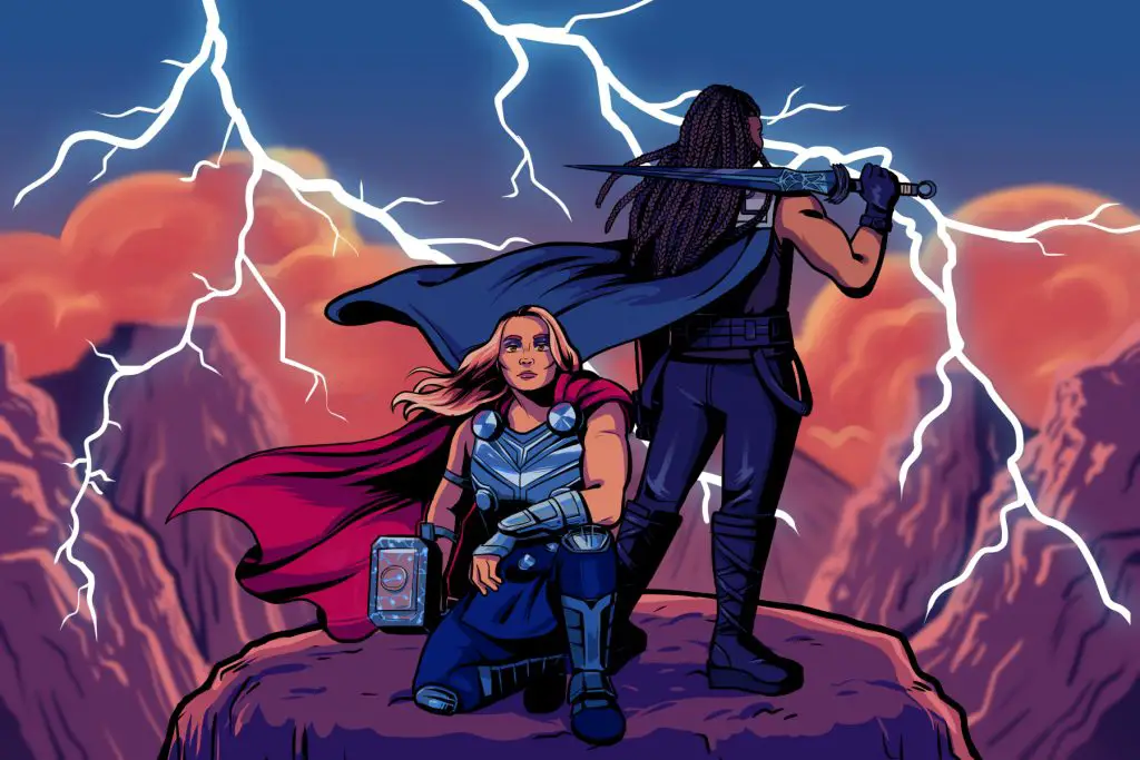 A Drawing of Thor: Love and Thunder shows the female Thor crouching while a man facing away from the camera stands in the background.