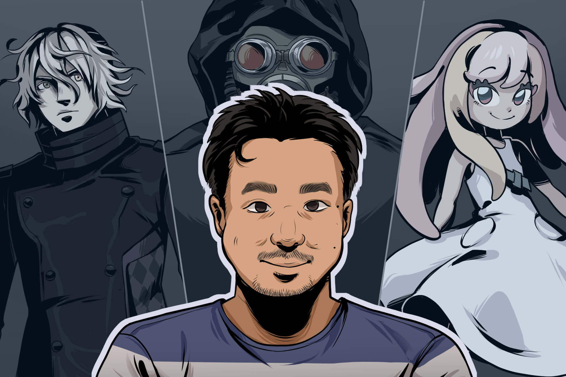 In an article about Kotaro Uchikoshi, an illustration of him and some of his characters.