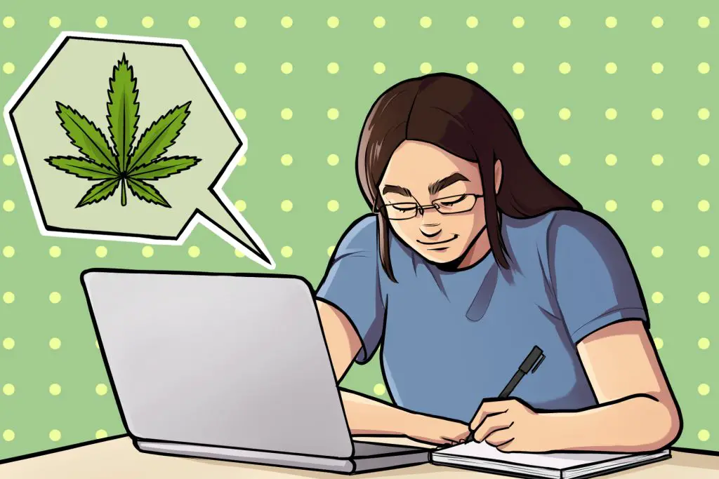 A drawing shows weed emerging in a speech bubble from a computer as a student takes notes.