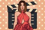 In an article about Sandra Bullock's best films, an illustration of Bullock wearing a red dress with a clapperboard behind her.
