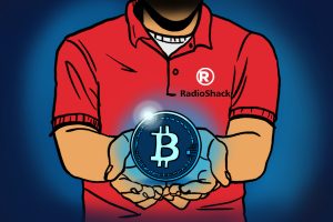 an illustration of a radio shack employee and bitcoin