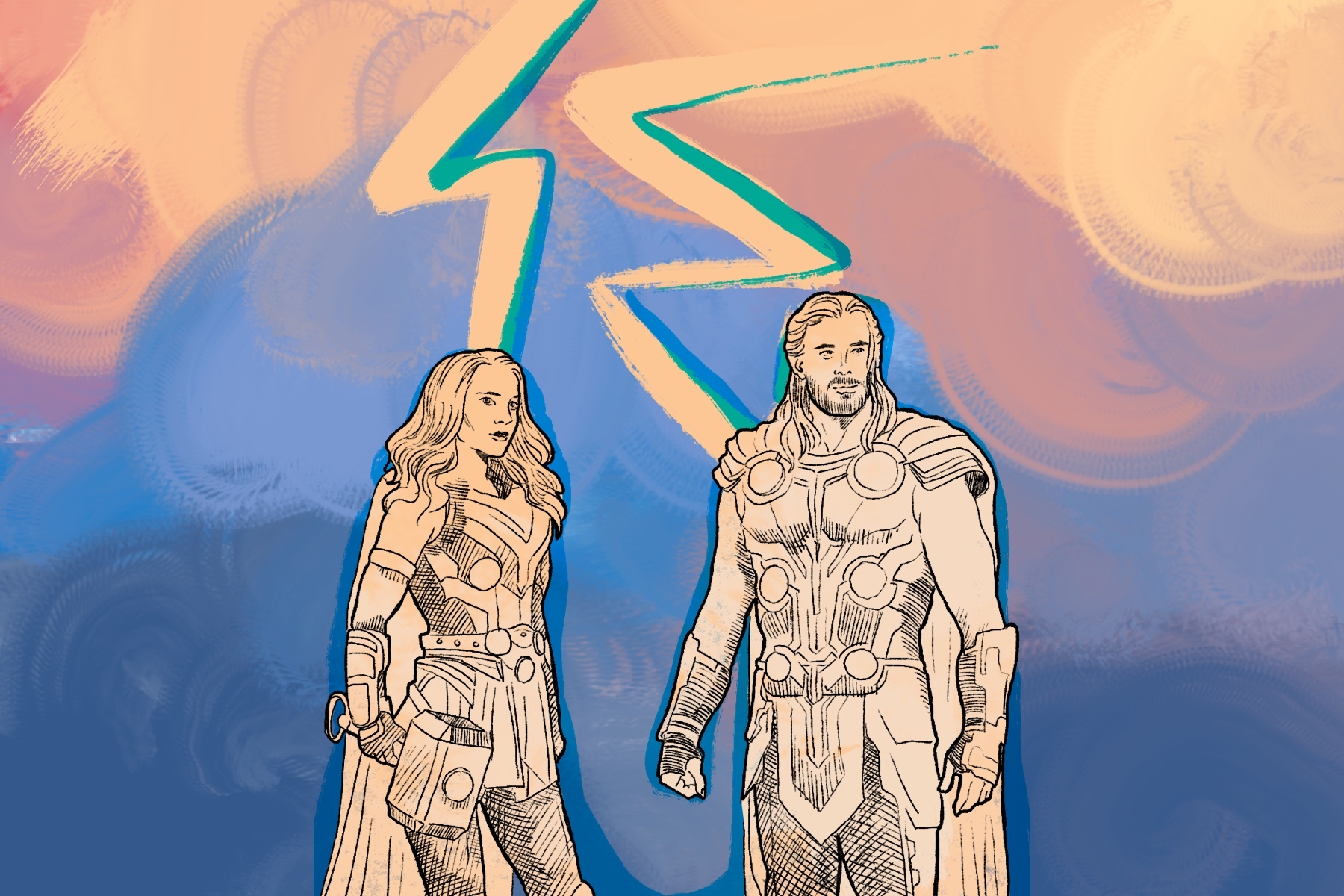 A drawing of Thor: Love and Thunder shows two characters against a colorful background.