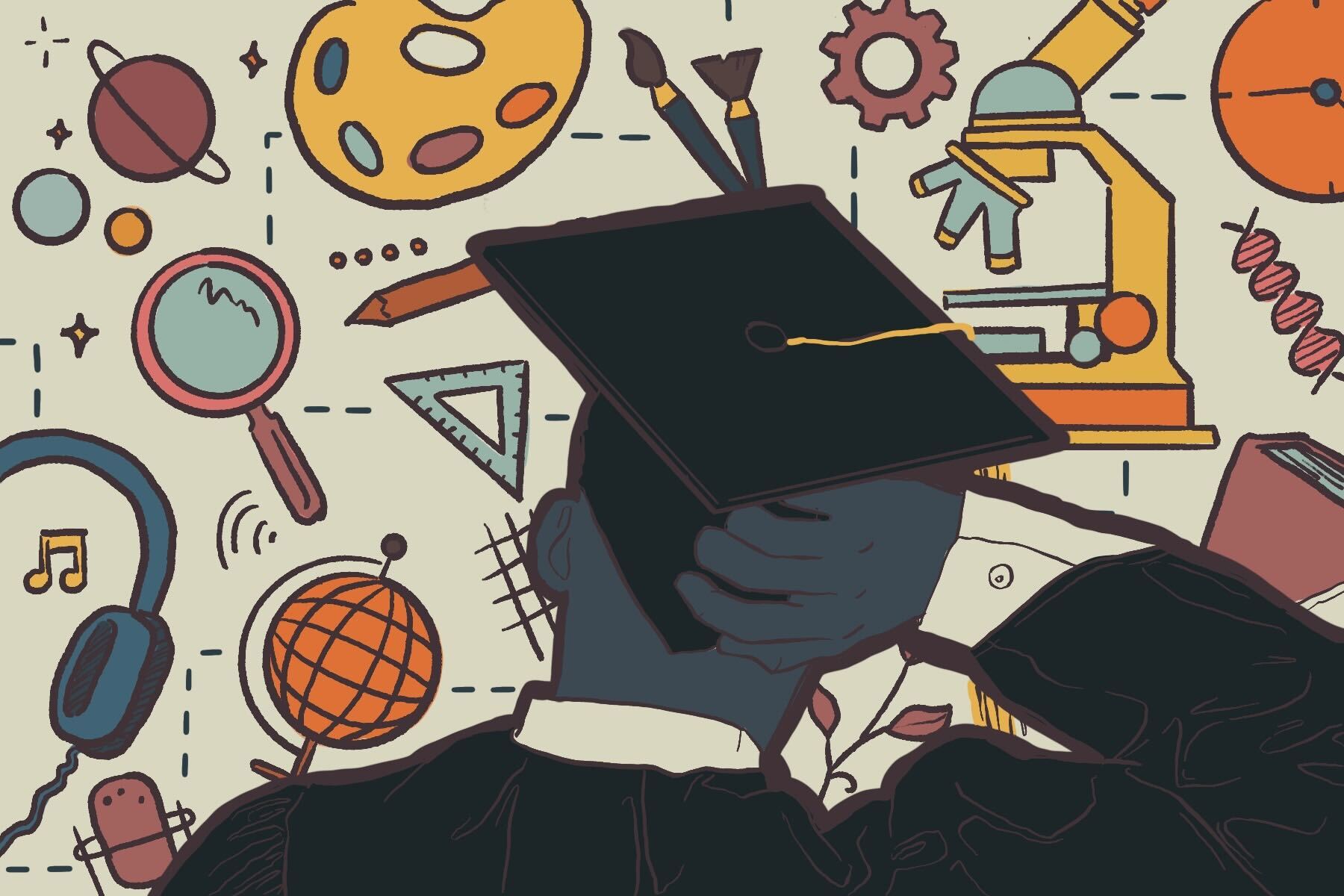 In an article about college degrees, an illustration of a college graduate in cap and gown