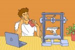 A drawing shows a person 3D printing a gun while drinking soda.