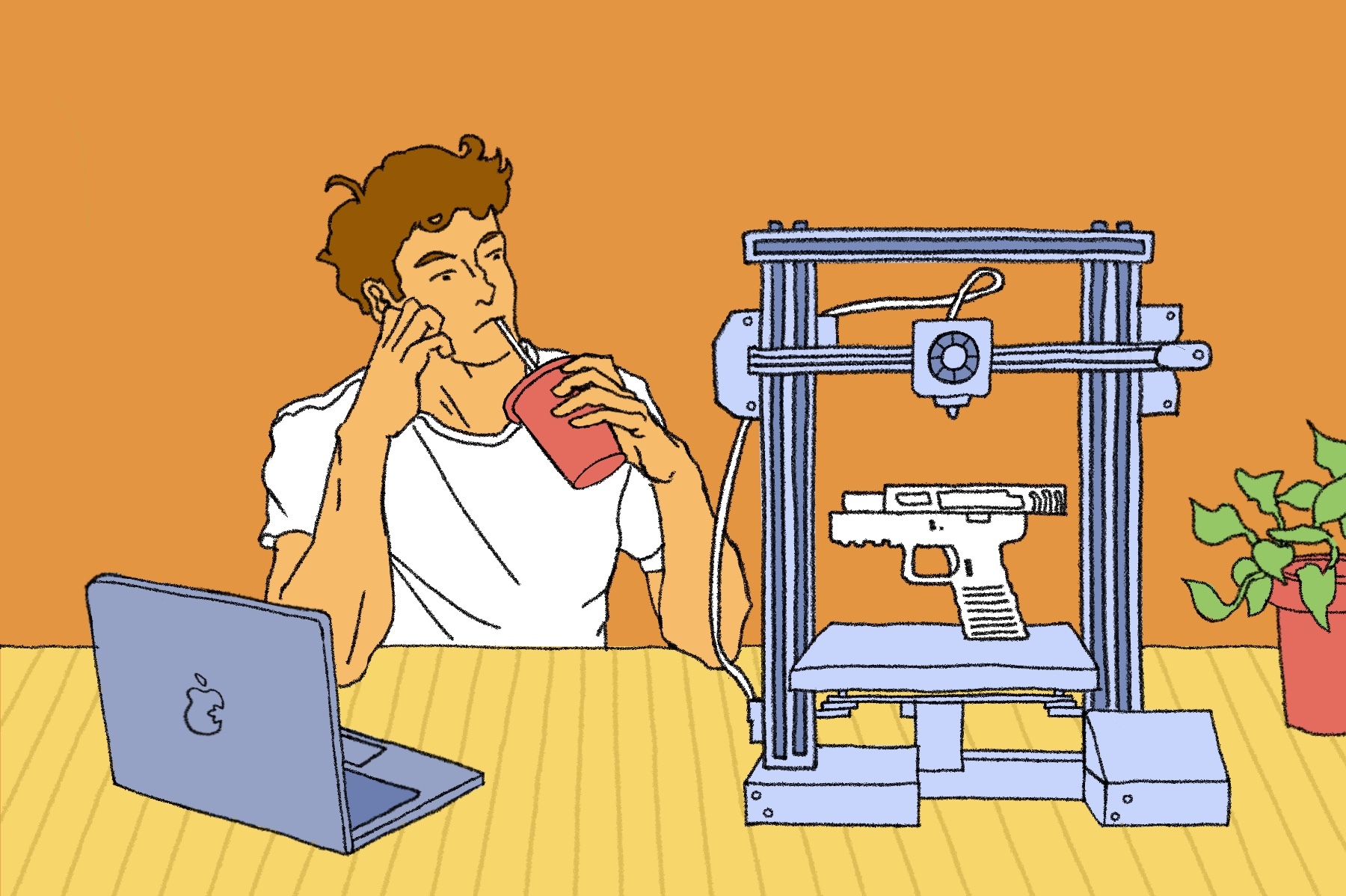 A drawing shows a person 3D printing a gun while drinking soda.