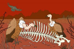 A drawing of lapvona shows vultures standing around a carcass in the desert.