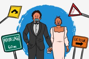 In an article about navigating marriage young, an illustration of a bride and groom with pacifiers and navigation signs