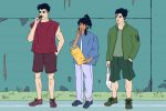 In an article about "The Legend of Korra," an illustration of the three main characters in shabby modern clothing.