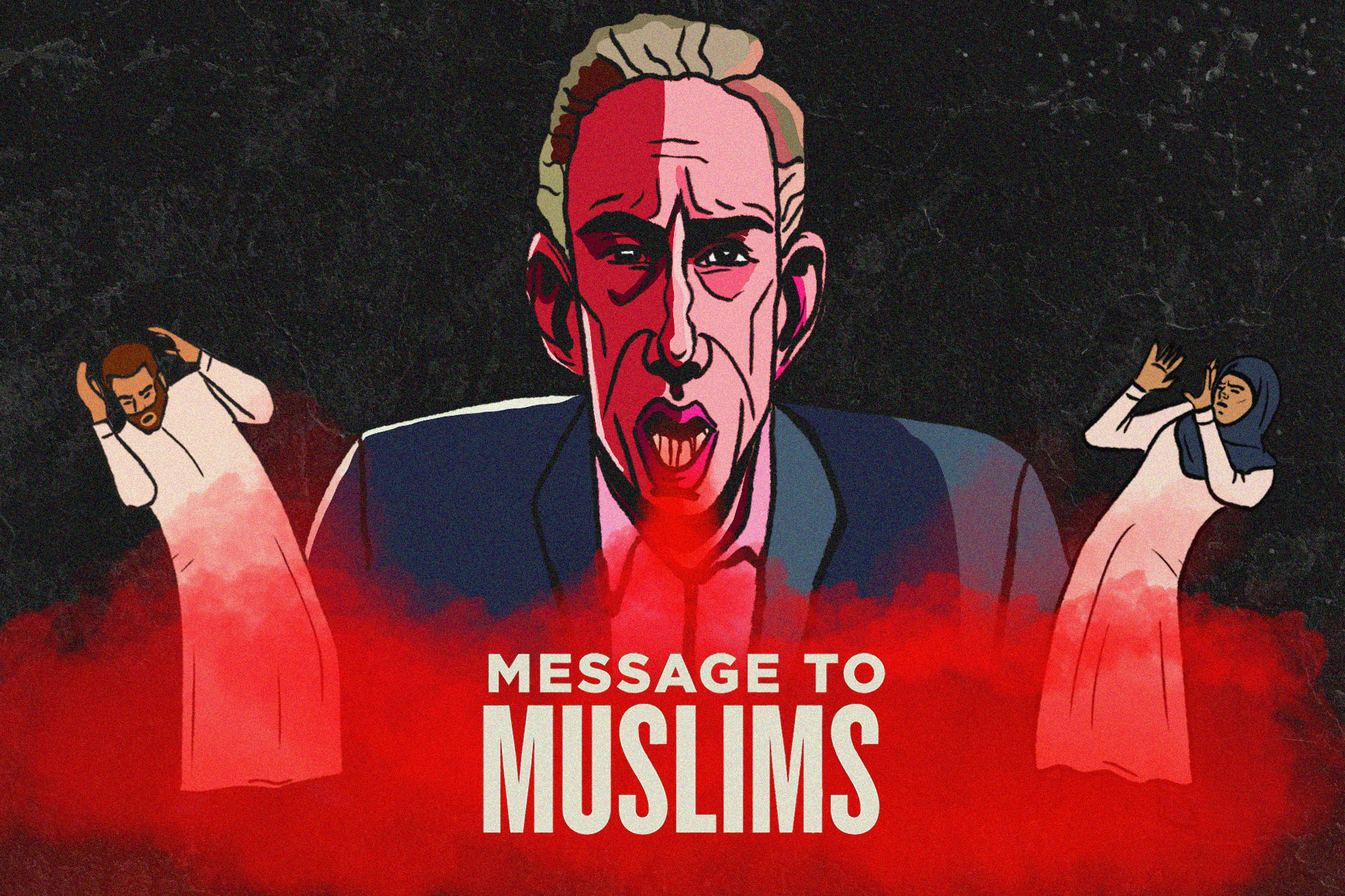 In an article about Jordan Peterson's video addressed to Muslims, an illustration of him spewing red smoke over Muslims.