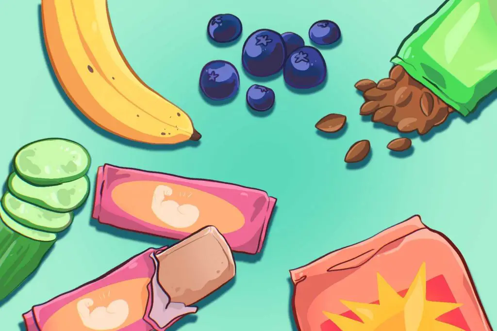 In an article about healthy snacks, a banana, chocolate, cucumbers, and blueberries