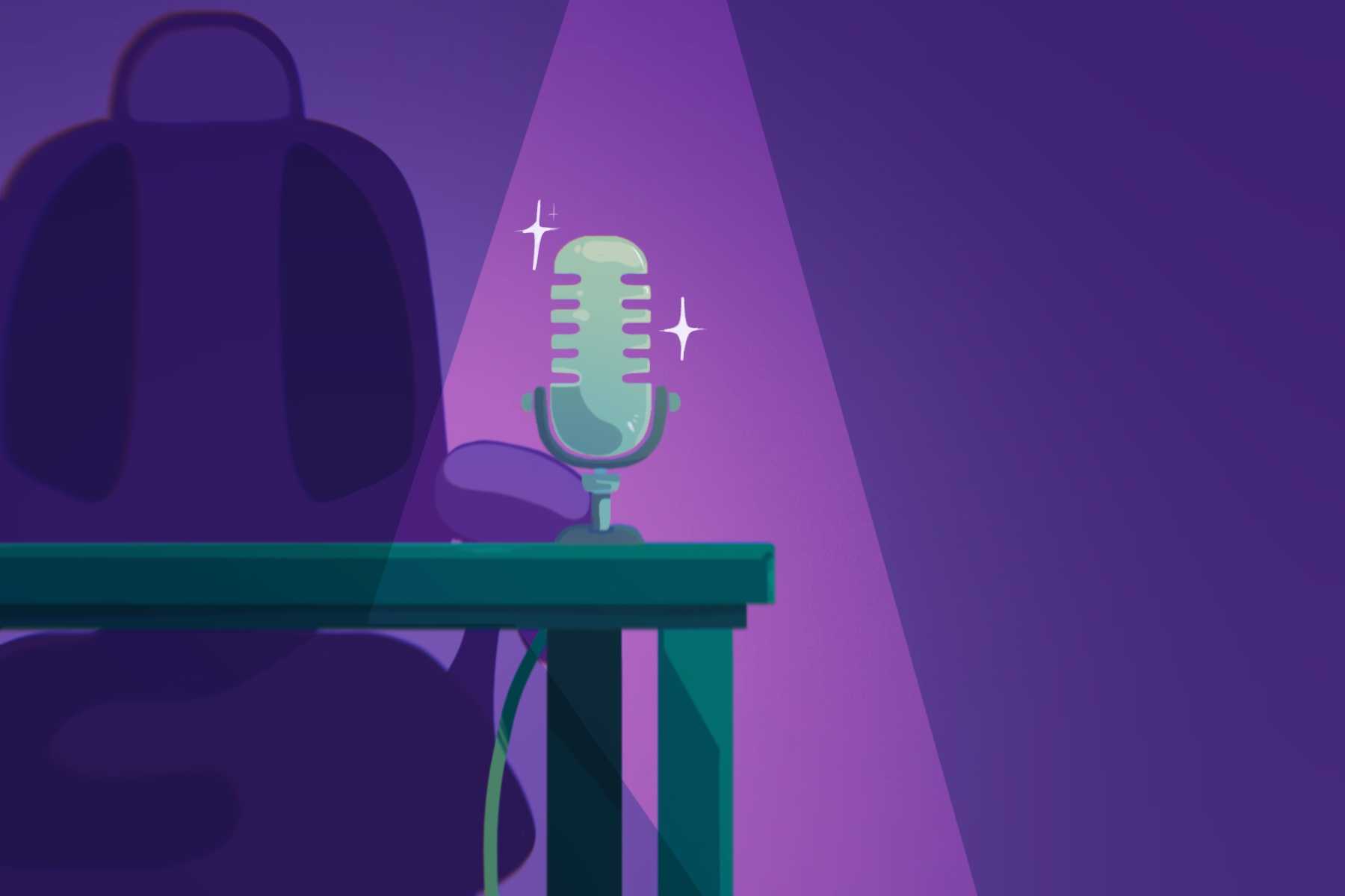 A drawing of podcasts shows a microphone shining against a purple background.