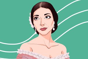 A drawing of Maria Callas shows the singer staring while lines float behind her