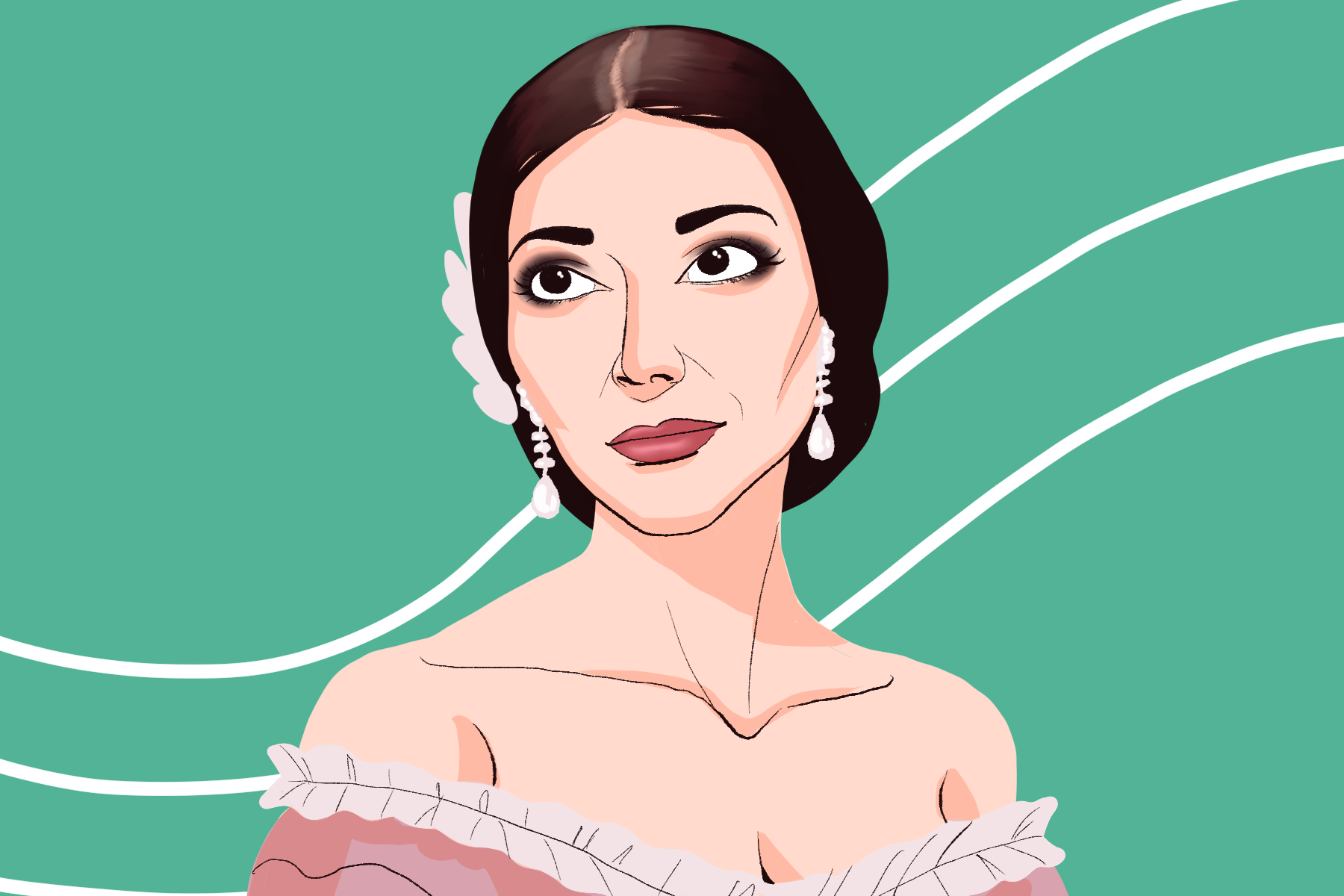A drawing of Maria Callas shows the singer staring while lines float behind her