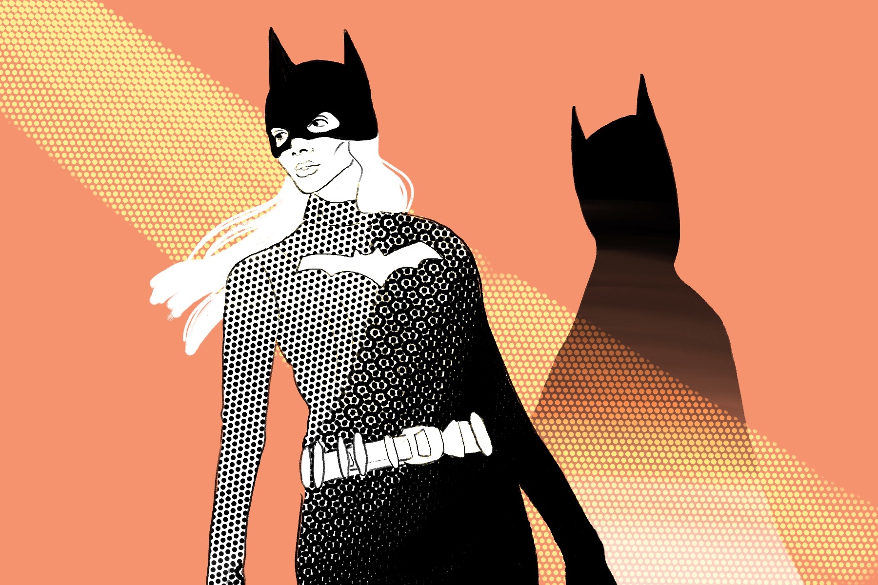 An illustration of batgirl shows the character facing to the left while a batman's shadow lurks behind her.