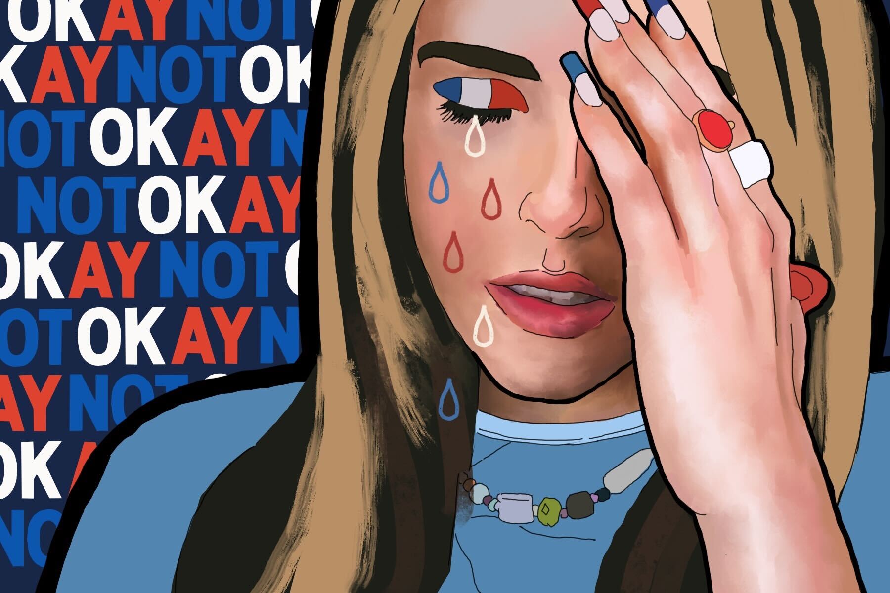 in an article about not okay, an illustration of a person crying