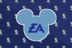 A drawing of EA shows the company's logo on top of mickey mouse ears