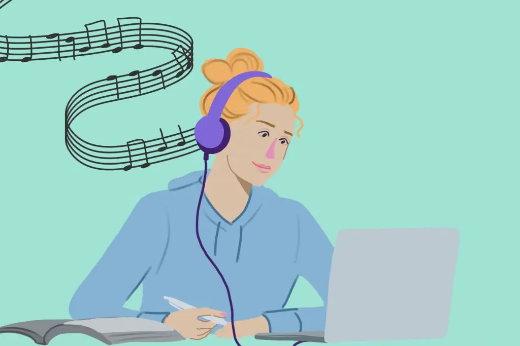 A drawing for an article on post-rock shows a girl listening with earbuds while music notes float in the background.