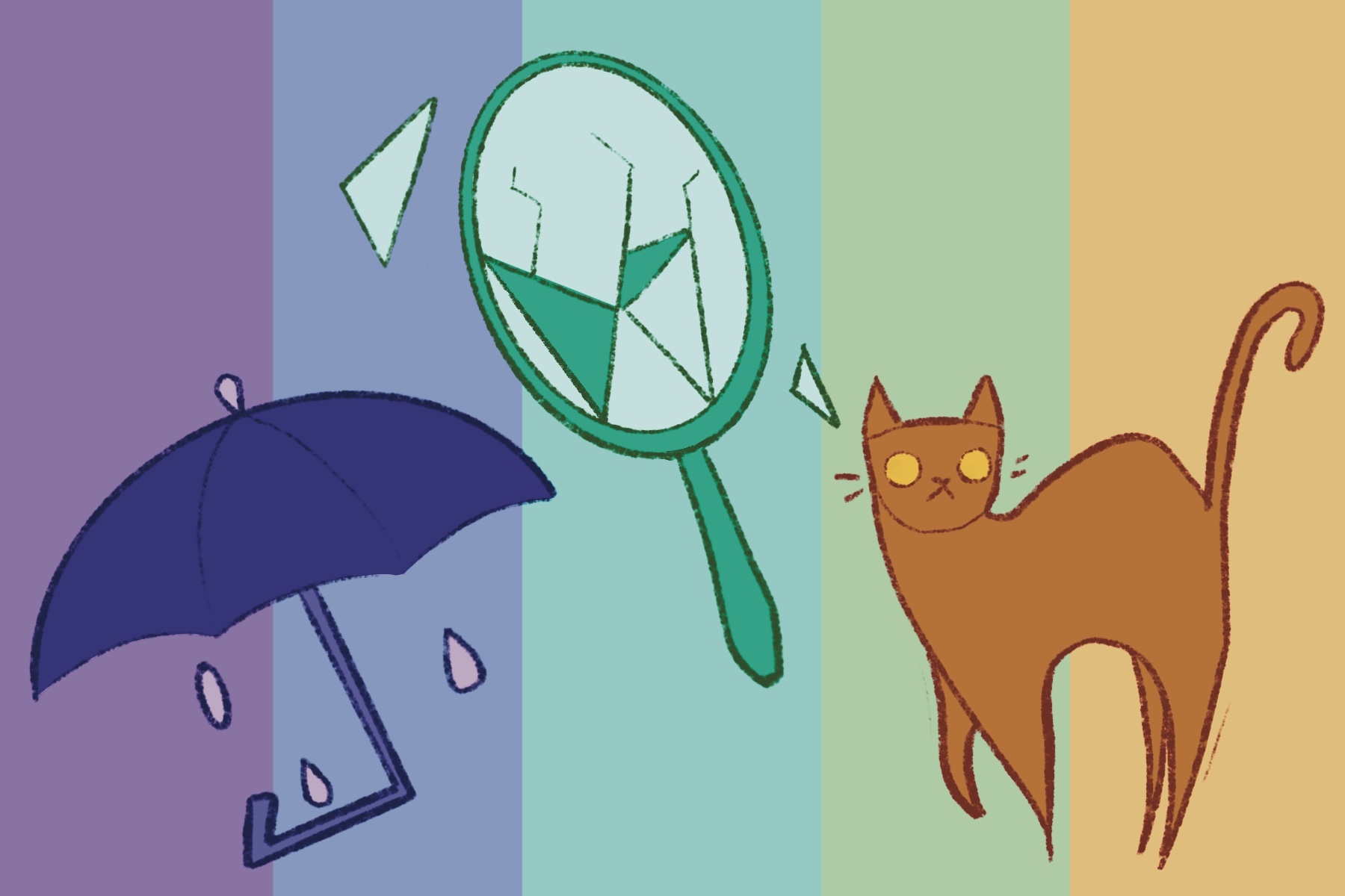 superstitions like black cat, broken mirrors, umbrellas indoors