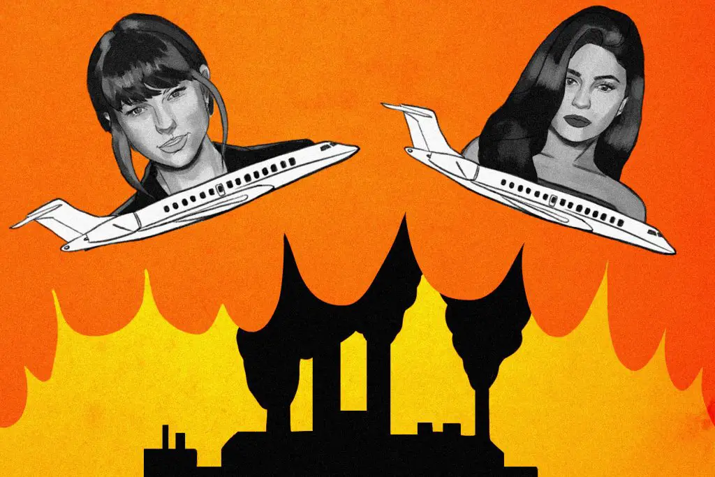 in article about climate and private jets, an illustration of Taylor and Kylie