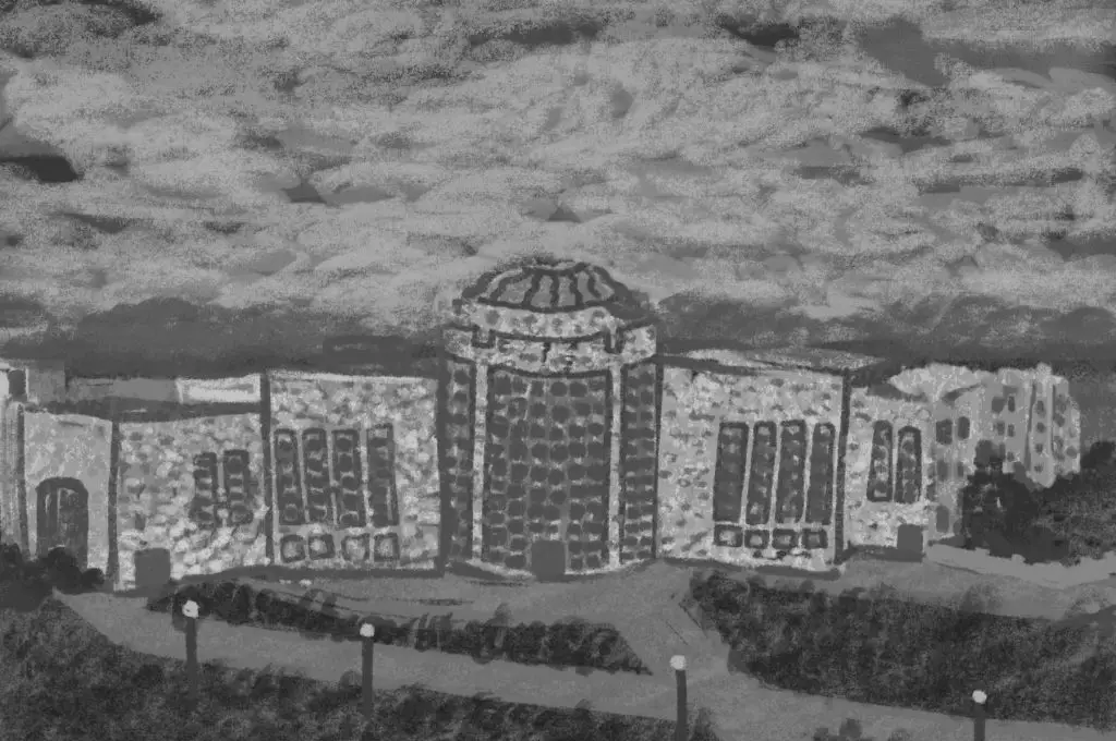 A drawing of Marist College shows a building completely rendered in grey scale.