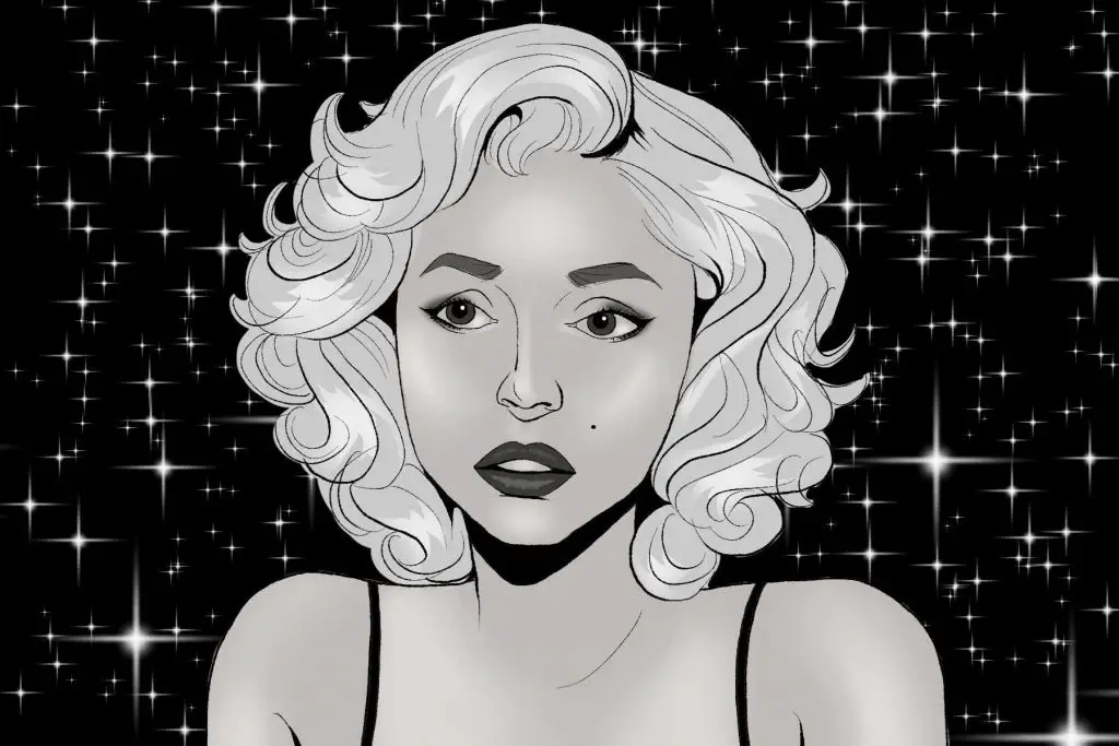 A drawing of a blonde woman shows marilyn monroe staring into the screen