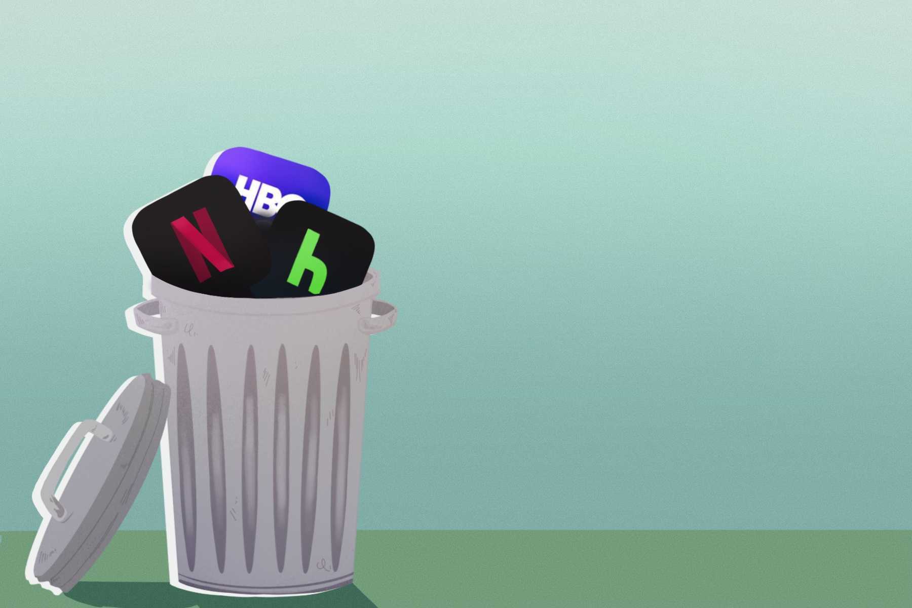 A drawing of streaming services shows their logos in the trash