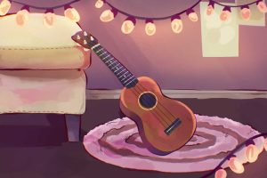 An article about ukuleles has a drawing of a ukulele in a small room.