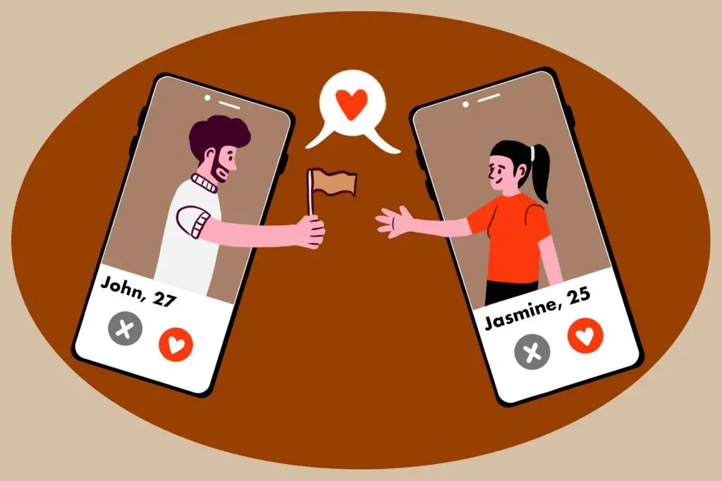 In an article about beige flags when dating, an illustration of two phones and a boy and a girl passing a beige flag between each other.