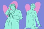 Characters Frank Columbo and Jessica Fletcher illustrated in green standing in front of a purple background with two large pink hearts