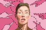 In article about plastic surgery, illustration of woman with dotted lines dividing her face on a pink background