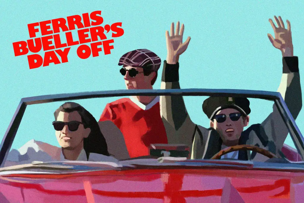 In an article about the movie 'Ferris Bueller's Day Off', an illustration of the three main characters in a red convertible with the title written in the corner.