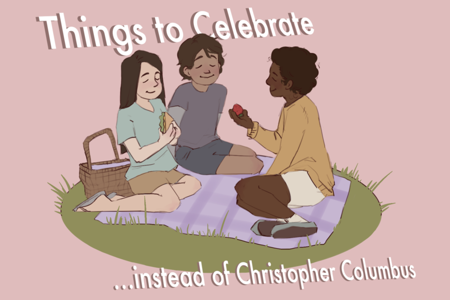 in article about alternatives to Columbus Day, three kids sitting on a picnic blanket