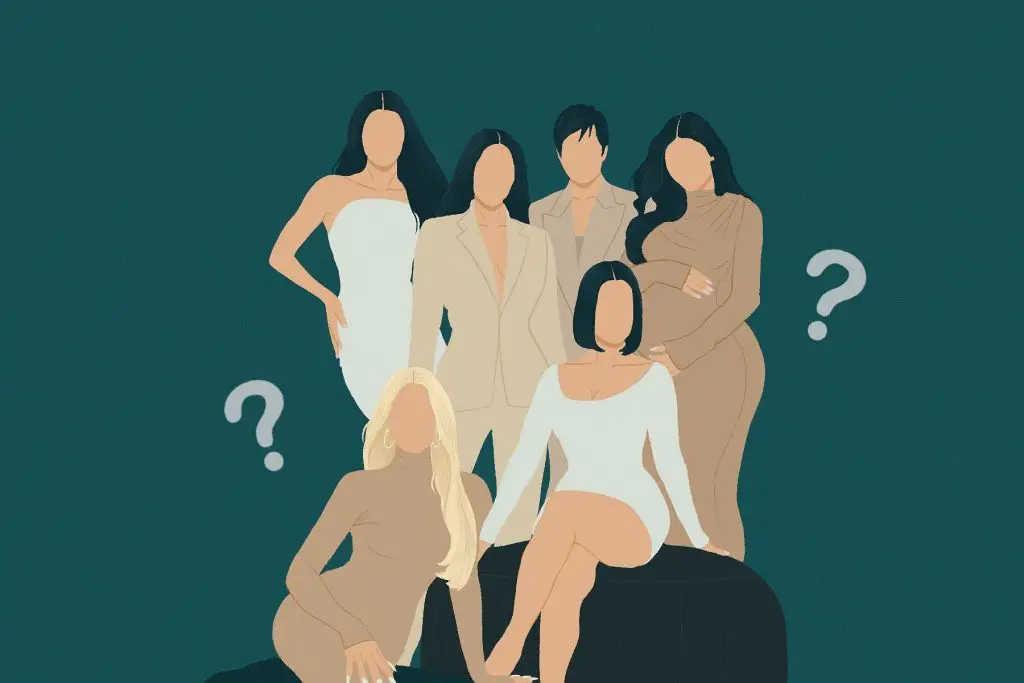 A drawing of the Kardashians shows the famous family against a green background with question marks floating next to their faces
