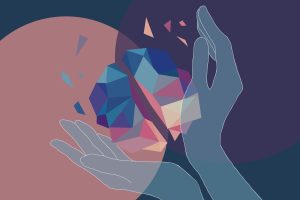 In an article about spirituality, religion and mental health, an illustration of translucent hands holding a multi color object.