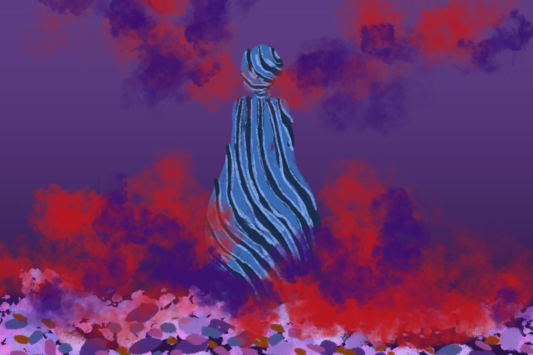 An article on 'Three Thousand Years of Longing' has a drawing of a blue tie-like object floating among clouds of red and purple