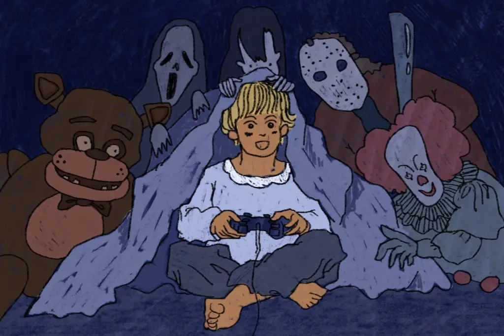 Drawing of a child playing video games surrounded by horror characters Freddy Fazbear, Ghostface, Jason Vorhees and Pennywise.