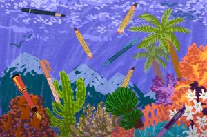 An article on free writing software has a drawing of pencils floating in an aquarium.