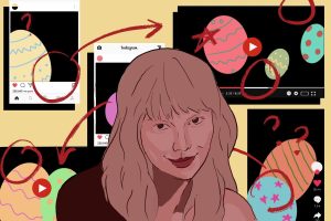 Taylor Swift in front of multiple browser windows with red circles on them