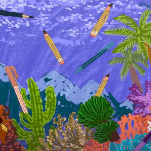 An article on free writing software has a drawing of pencils floating in an aquarium.