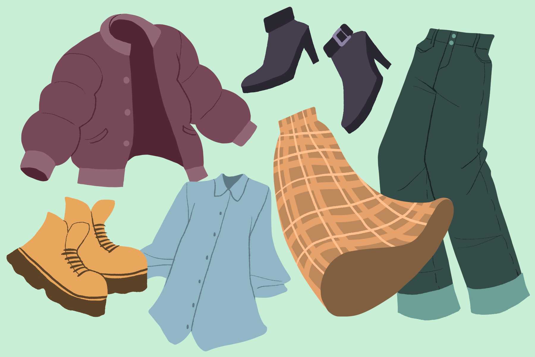 A drawing of fall fashion shows clothes floating against a blue background