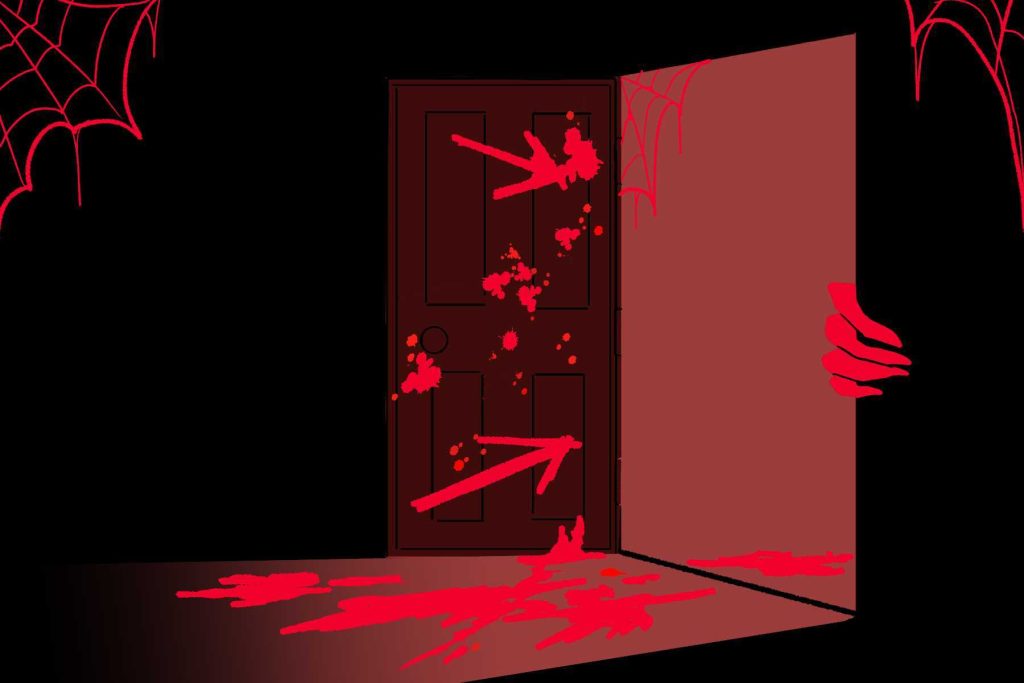 in an article about halloween horror nights, a door covered in blood