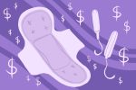 in an article about period poverty, a drawing of pads, tampons and U.S. dollar signs.
