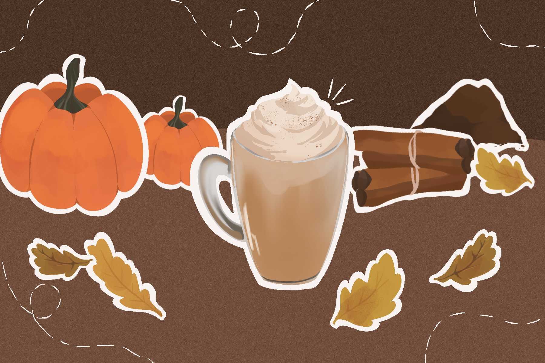 A drawing of a pumpkin spice latte shows pumpkin and cinnamon lurking behind the tasty drink