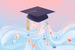 An article on major selection has an image of a graduation cap with mini images falling out of its base