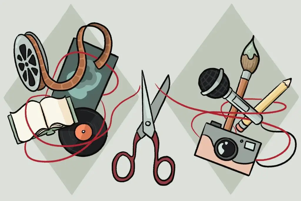 Illustration showing scissors cutting artistic mediums from the art they create